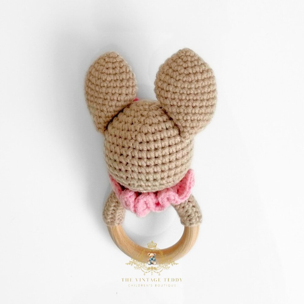 NWT Cute Handmade Crochet Ms. Bunny Baby Rattle Baby & Toddler Wooden Plush Toys - Picture 3 of 3